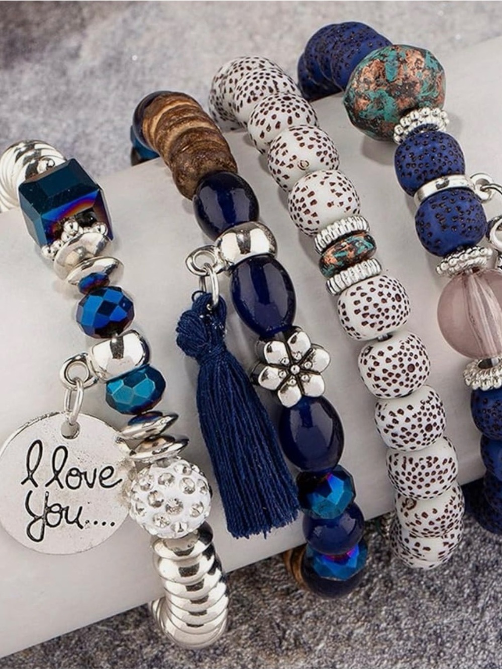 Stacked Navy Bead and Tassel Bracelet Set with Charms